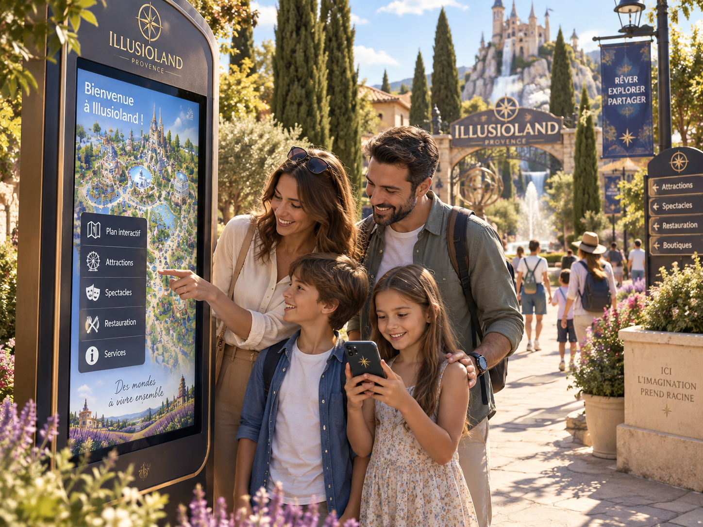 Famille à Illusioland utilisant le plan interactif et les services numériques du parc